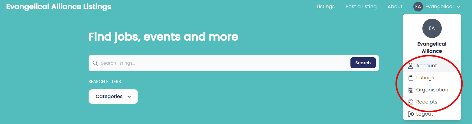 The account menu opened from your name, with Account, Listings, Organisation and Receipts highlighted