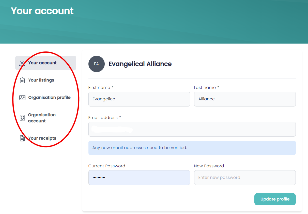 The Your account page with the side menu highlighted: your account, listings, organisation profile, organisation account and receipts