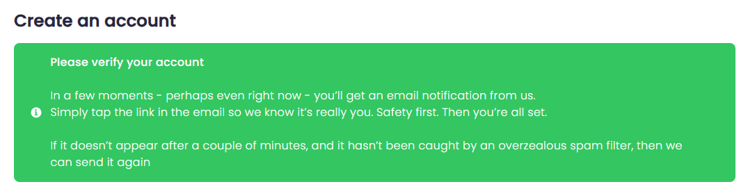 A message asking you to verify your account using the link sent to your email