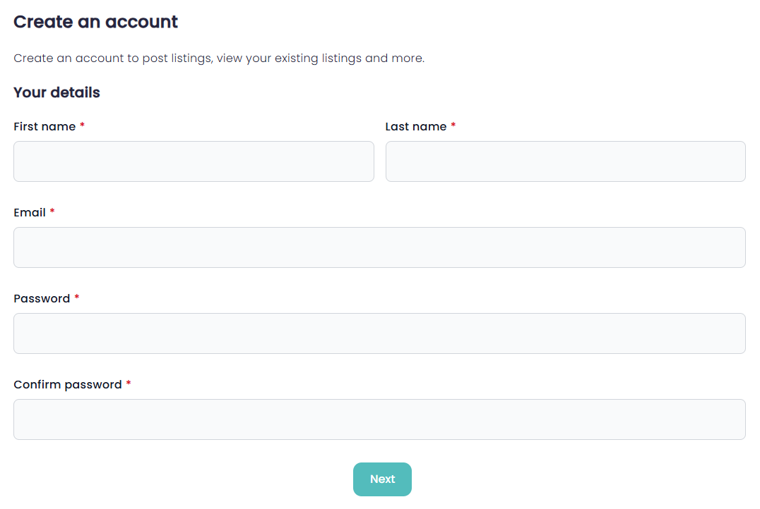 The Create an account form asking for your name, email and password
