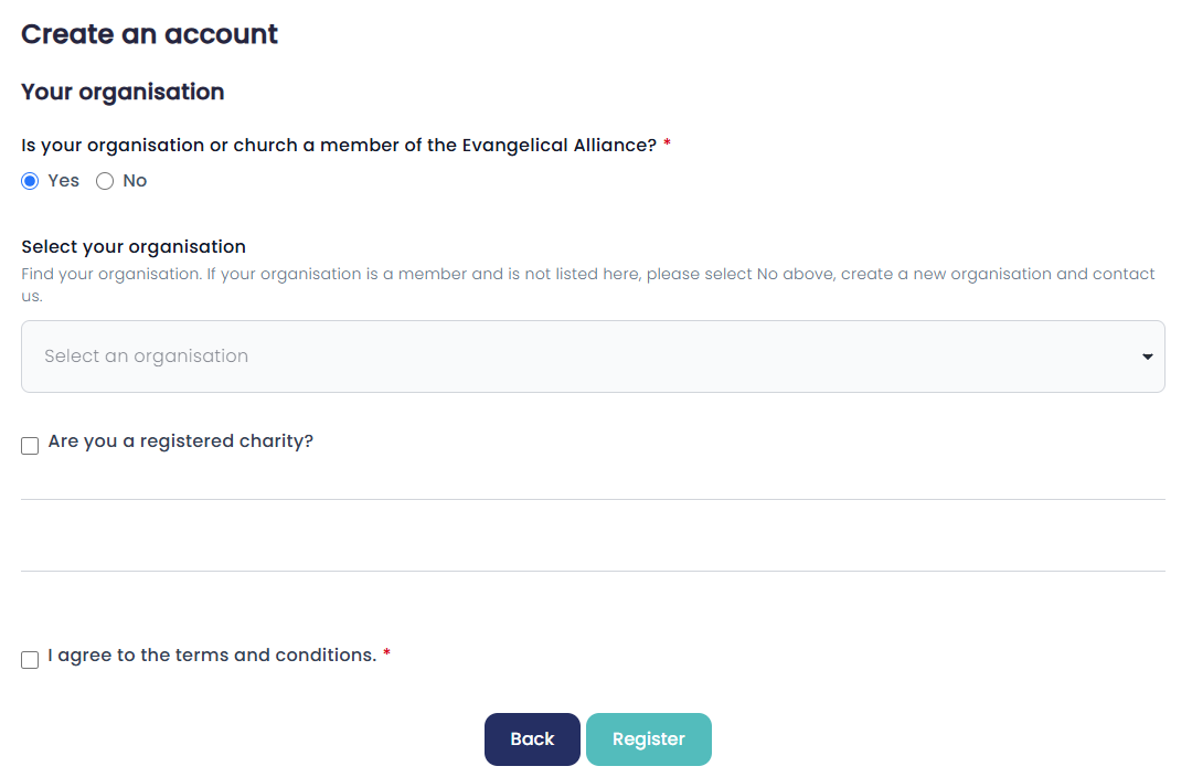 The Your organisation step of the Create an account form