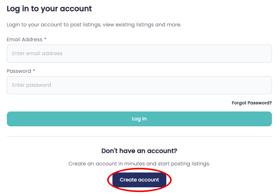 The Log in to your account page with the Create account button highlighted
