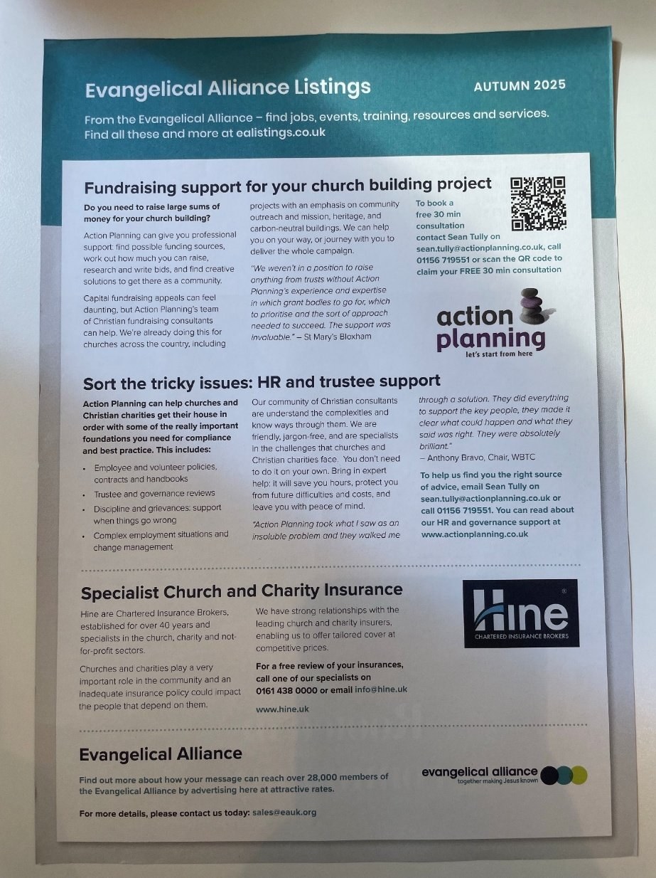 A printed Evangelical Alliance Listings insert from idea magazine