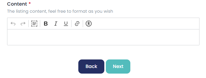 The listing Content editor with Back and Next buttons