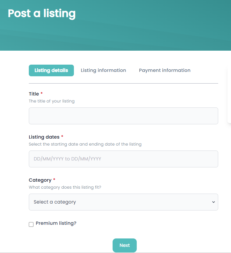 The Listing details step: title, listing dates, category and premium listing option