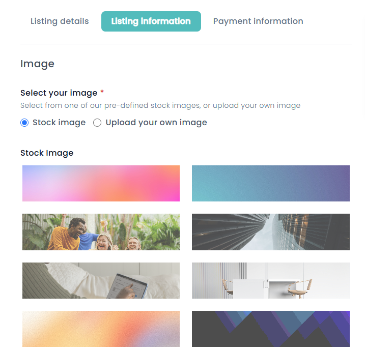 The Listing information step showing the choice of stock images