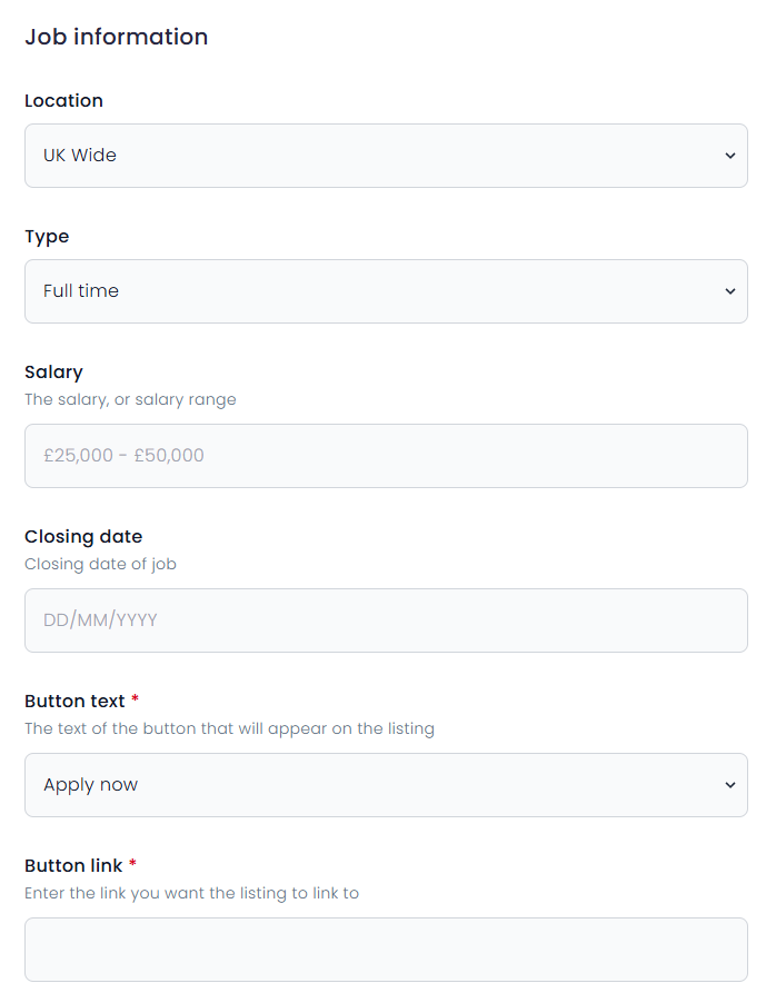 Job information fields: location, type, salary, closing date, button text and button link