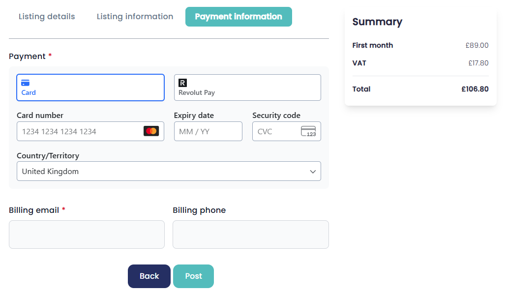 The Payment information step with card details, billing email and Post button