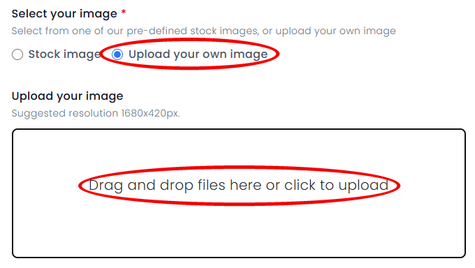 The Upload your own image option selected, with the upload area highlighted