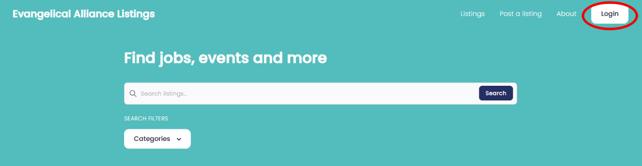 The Evangelical Alliance Listings homepage with the Login button highlighted in the top right