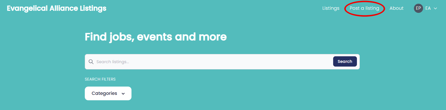 The site navigation with the Post a listing link highlighted